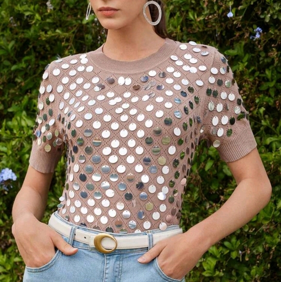 Sweaters - Elegant Novelty Embellished Sequin Knit Short Sleeve Sweater,Spring/Summer